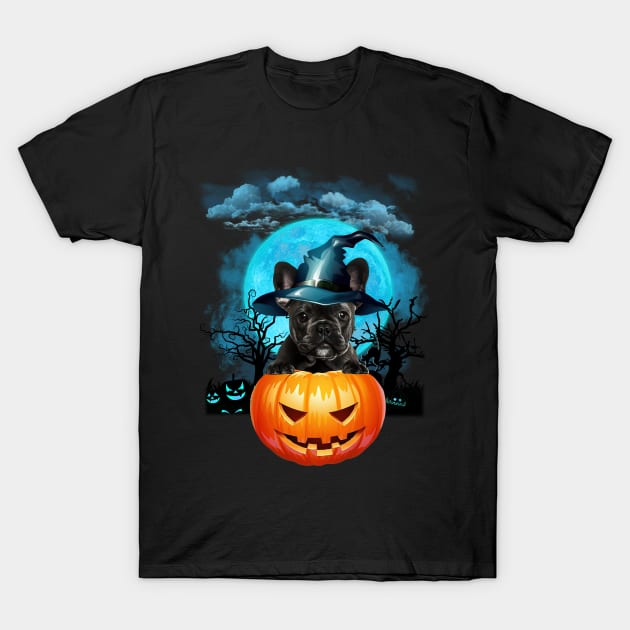 French Bulldog Witch Hat Pumpkin And Blue Moon Halloween T-Shirt by Centorinoruben.Butterfly